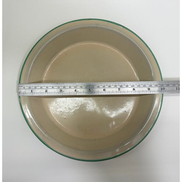 Cream And Green Emamelware, Pie Plate + Mixing Bowl Set Midcentury Farm Kitchen - Picture 7 of 8